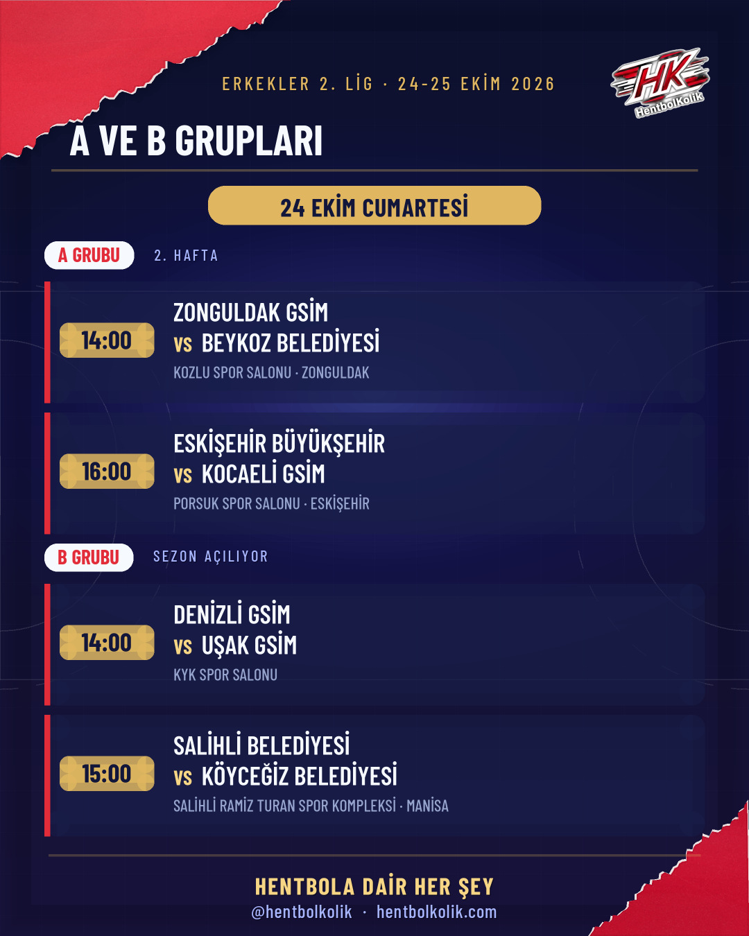 Erkekler 2. Lig A ve B grupları programı