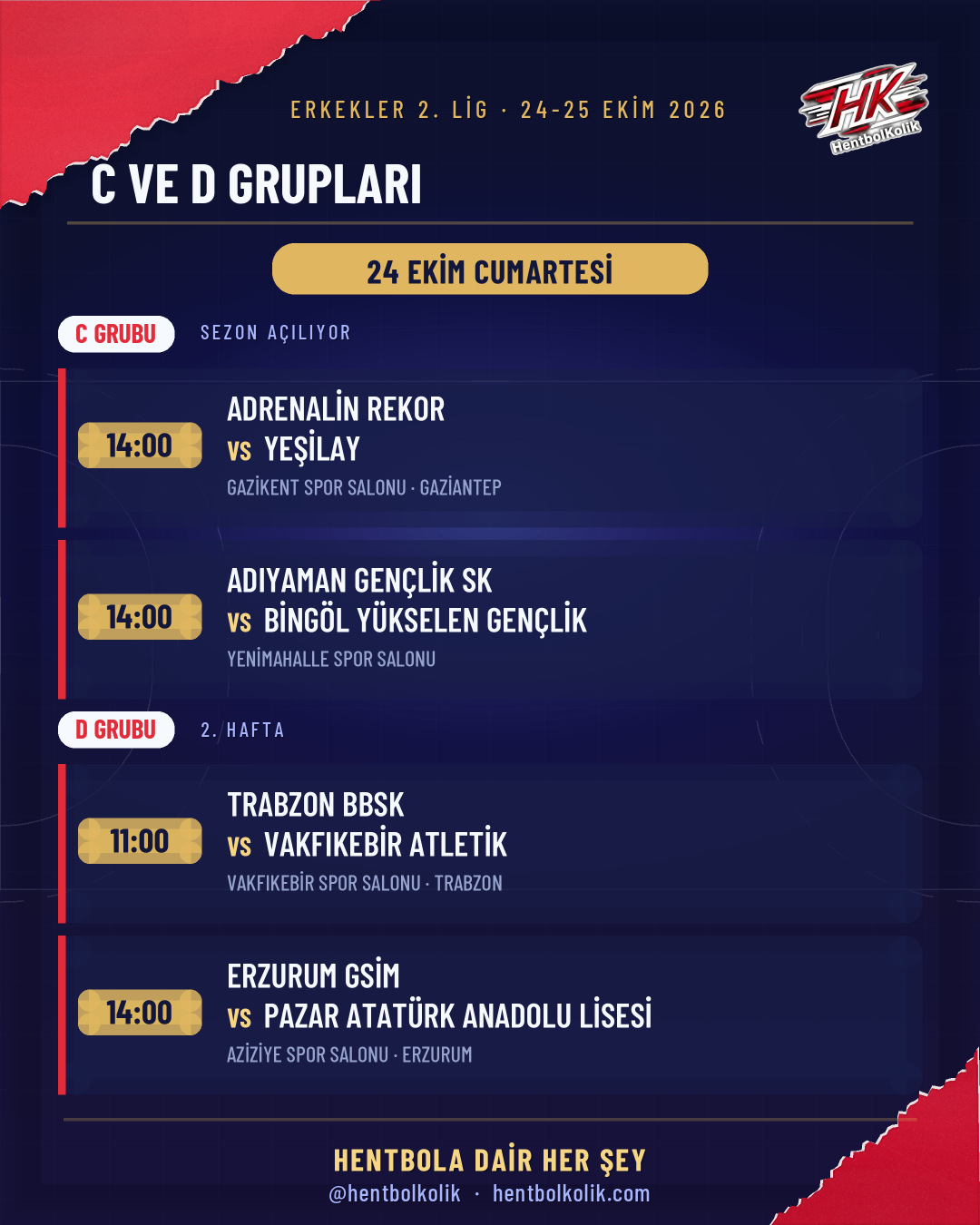 Erkekler 2. Lig C ve D grupları programı