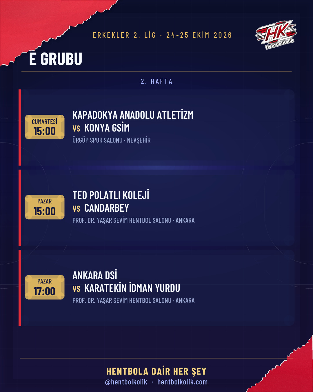 Erkekler 2. Lig E grubu programı