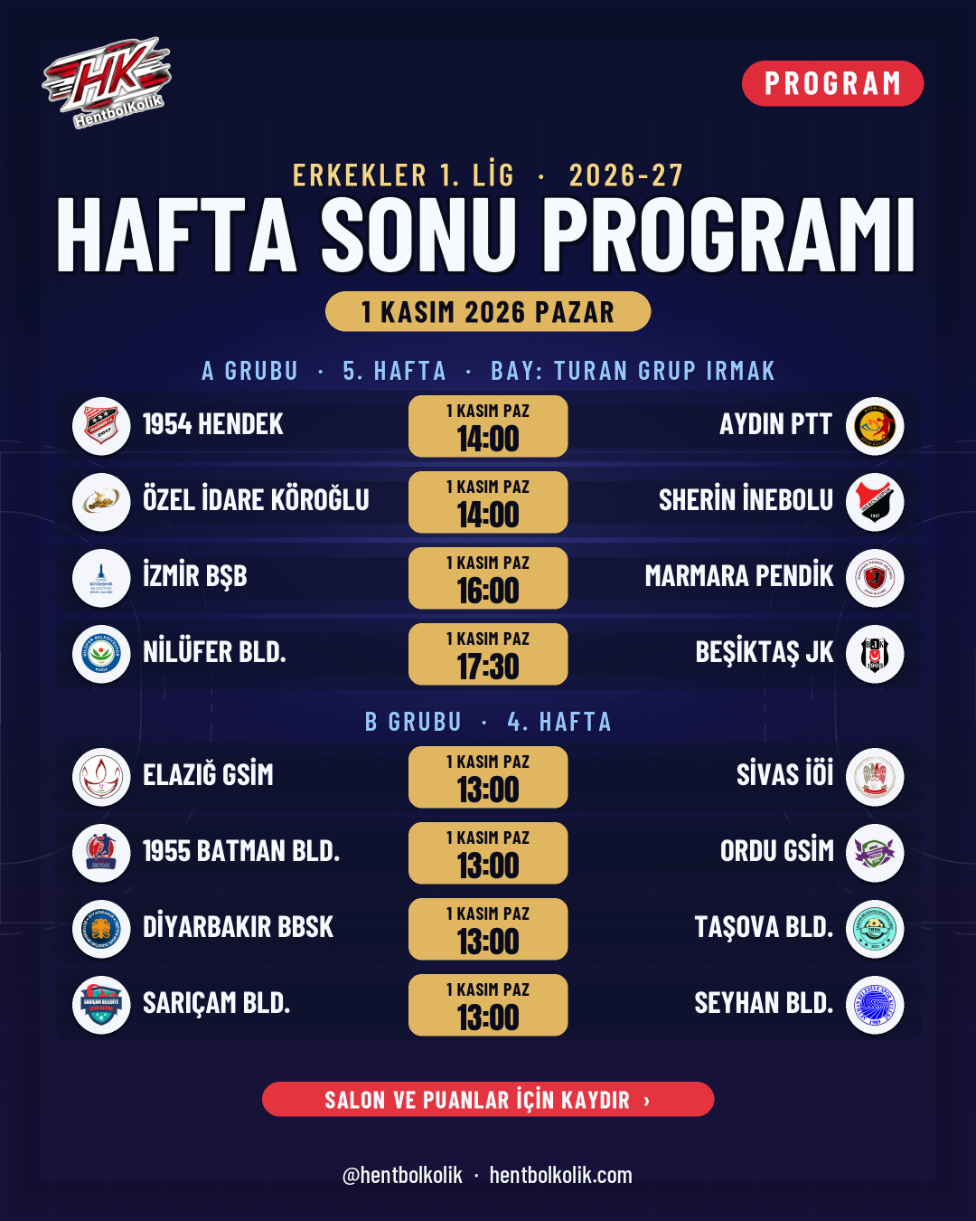 Erkekler 1. Lig 1 Kasım maç programı