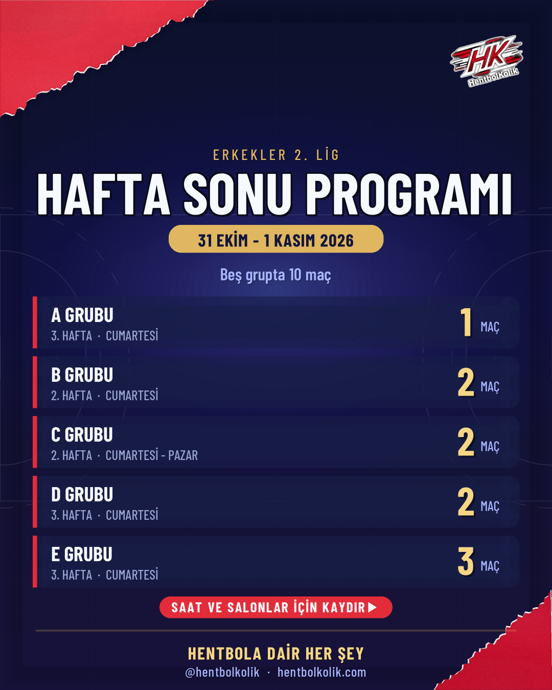 Erkekler 2. Lig 31 Ekim-1 Kasım maç programı