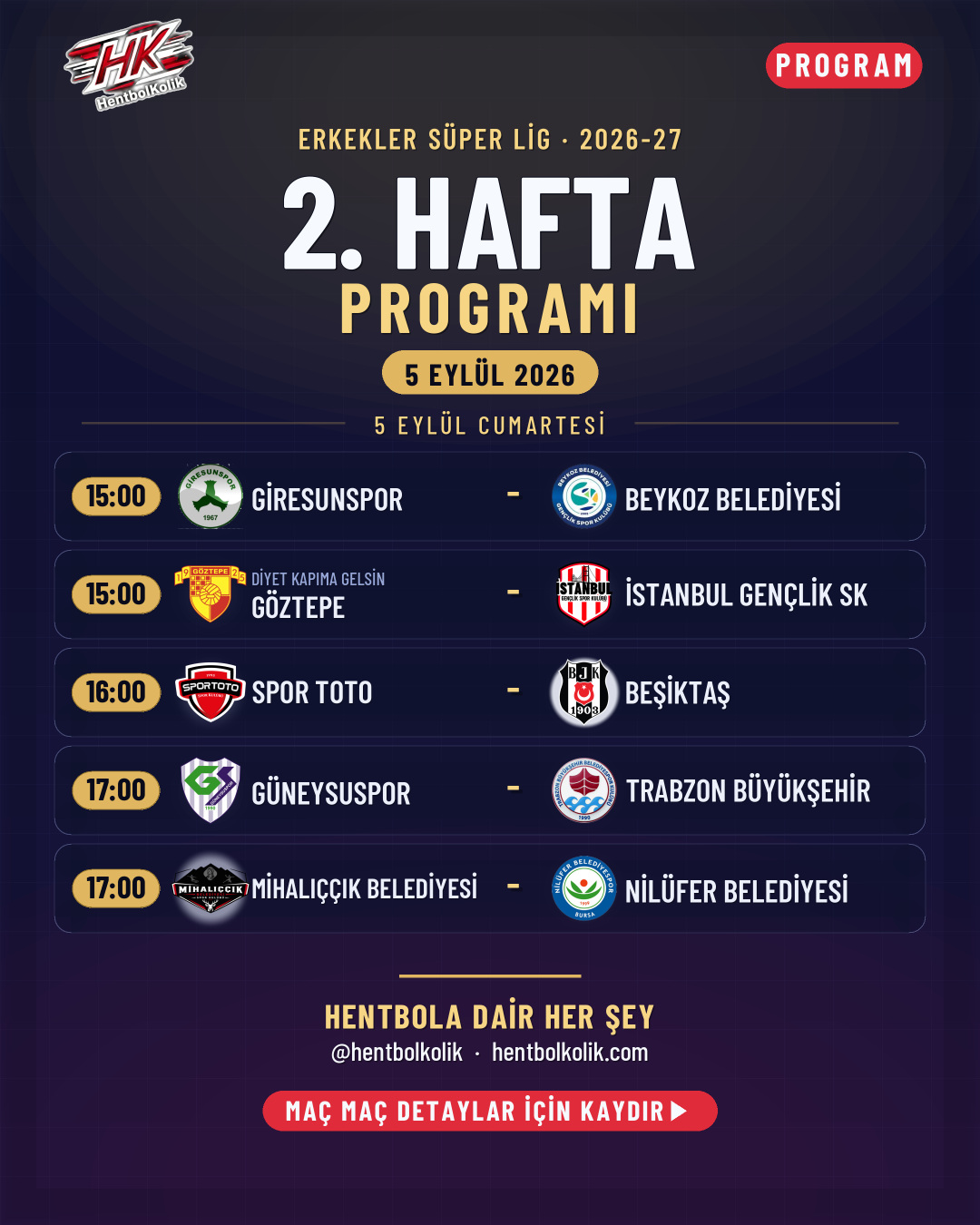 Erkekler Süper Lig 2026-2027 sezonu 2. hafta programı