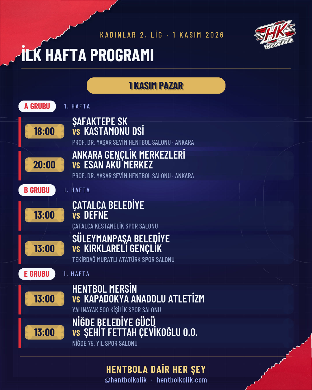 Kadınlar 2. Lig 1 Kasım maç programı