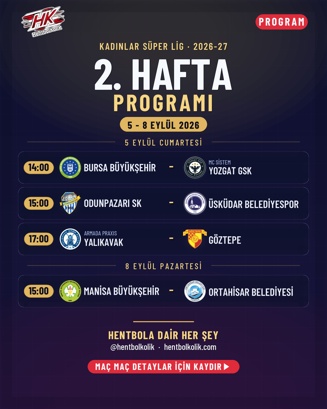 Kadınlar Süper Lig 2026-2027 sezonu 2. hafta programı